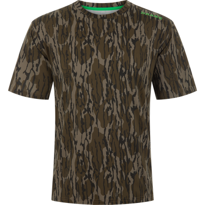Lake Shore Performance Short Sleeve Crew T-Shirt with woodland camouflage, green collar trim, and DRAKE logo, ideal for active, sun-protected, moisture-wicking outdoor wear.