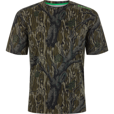 Lake Shore Performance Short Sleeve Crew T-Shirt with treestand camo design, featuring DRAKE on shoulder, offers cooling, UPF 50 protection, and moisture-wicking fabric.
