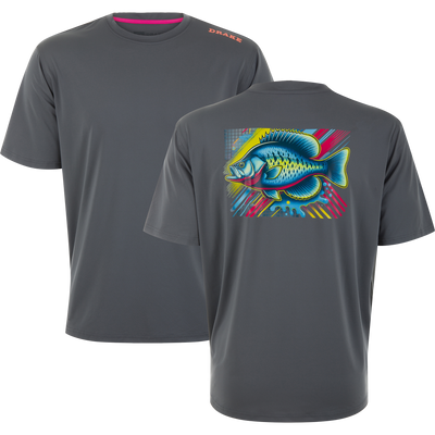 Lake Shore Performance Short Sleeve Crew T-Shirt featuring a plain front with DRAKE logo and a vibrant sunfish graphic on the back, ideal for outdoor activities.