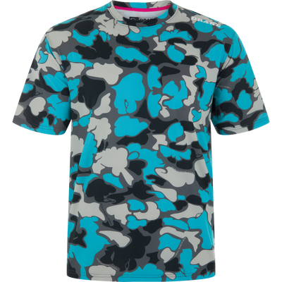 Lake Shore Performance Short Sleeve Crew T-Shirt with stylized camouflage pattern and DRAKE logo, featuring moisture-wicking, quick-drying fabric and UPF 50 protection.