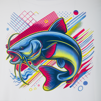 Lake Shore Performance Short Sleeve Crew T-Shirt featuring a vibrant catfish illustration with dynamic pop-art elements, designed for cooling comfort and sun protection.