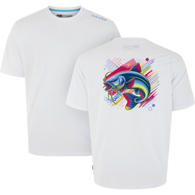 Lake Shore Performance Short Sleeve Crew T-Shirt with front DRAKE logo and vibrant catfish graphic on back, designed for cooling and sun protection.