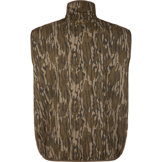 Back view of a Delta Quilted Vest in a brown and green camouflage pattern with a high collar.