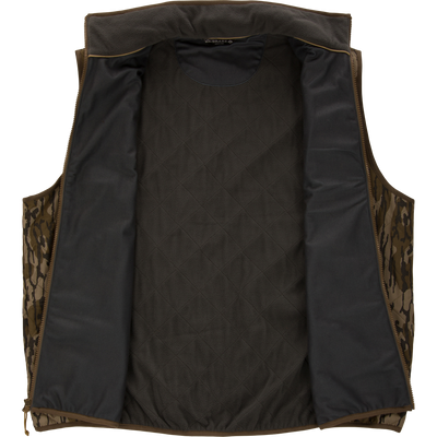 Lifestyle Delta Quilted Vest in a camouflage print with an open, sleeveless design and a brown lining.