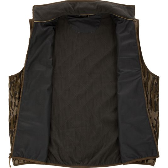 Lifestyle Delta Quilted Vest in a camouflage print with an open, sleeveless design and a brown lining.