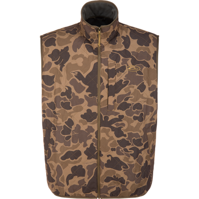 Delta Quilted Vest in an Old School Sport brown camouflage print featuring a quilted sleeveless design, front zipper, vertical chest pocket, and outdoor performance style.