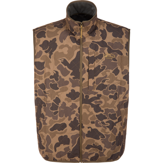 Delta Quilted Vest in an Old School Sport brown camouflage print featuring a quilted sleeveless design, front zipper, vertical chest pocket, and outdoor performance style.