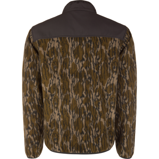 Back view of the Camp Fleece Over Under Quarter Zip, a durable outdoor fleece jacket featuring a camouflage pattern and a solid dark brown yoke.