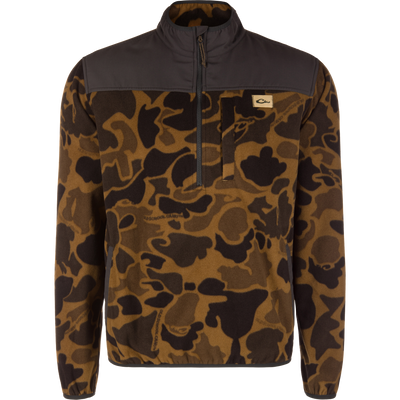 Lifestyle Camp Fleece Over Under Quarter Zip, a durable outdoor fleece in an Old School Sport brown and black camouflage pattern with a solid dark brown chest yoke, zipper closure, and a small logo patch on the left chest.