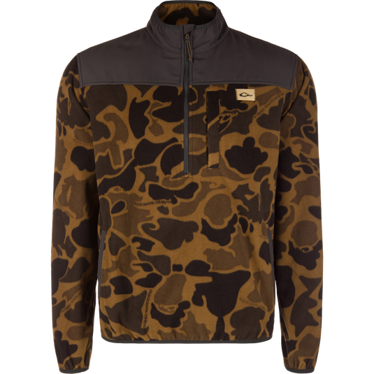 Lifestyle Camp Fleece Over Under Quarter Zip, a durable outdoor fleece in an Old School Sport brown and black camouflage pattern with a solid dark brown chest yoke, zipper closure, and a small logo patch on the left chest.