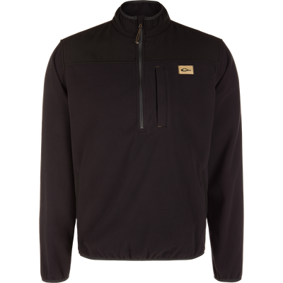 Black Camp Fleece Over Under Quarter Zip featuring a durable outdoor design with a high collar, a vertical zippered chest pocket, and a small rectangular logo patch on the left chest.