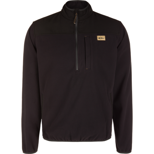 Black Camp Fleece Over Under Quarter Zip featuring a durable outdoor design with a high collar, a vertical zippered chest pocket, and a small rectangular logo patch on the left chest.
