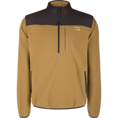 Lifestyle Camp Fleece Over Under Quarter Zip in field khaki featuring a dark brown collar, shoulder yoke, and a durable outdoor vertical zippered chest pocket.