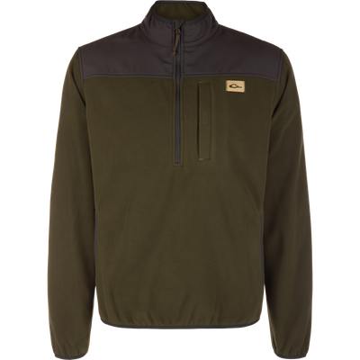 Lifestyle Camp Fleece Over Under Quarter Zip in Forest Night Olive with a dark brown mock neck, a zippered chest pocket, and a small logo patch on the left chest.