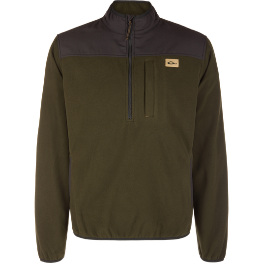 Lifestyle Camp Fleece Over Under Quarter Zip in Forest Night Olive with a dark brown mock neck, a zippered chest pocket, and a small logo patch on the left chest.