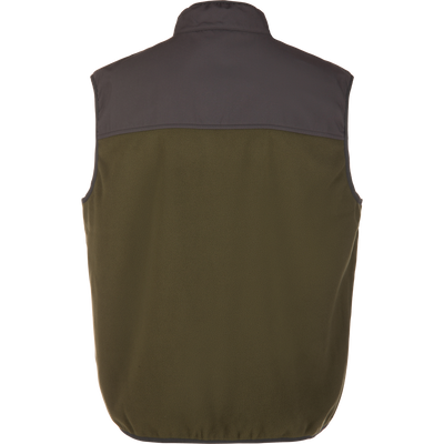 Back view of the Camp Fleece Vest, featuring olive green fleece with a dark charcoal-gray yoke and collar, designed for warmth and weather resistance.