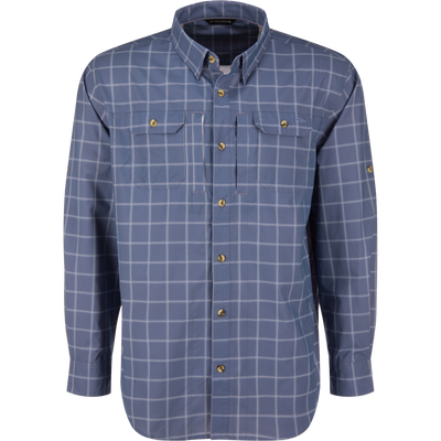 Long-sleeved Lifestyle Wingshooter Hunter Creek shirt in Blue Bird Plaid with two chest pockets and moisture-wicking fabric.