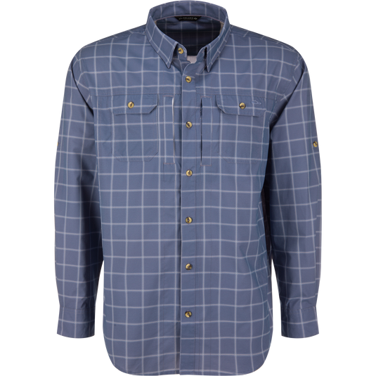 Long-sleeved Lifestyle Wingshooter Hunter Creek shirt in Blue Bird Plaid with two chest pockets and moisture-wicking fabric.