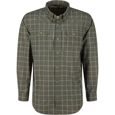 Lifestyle Wingshooter Hunter Creek Shirt in dusty olive plaid, featuring long sleeves, button-down front, two chest pockets, button-tab sleeves, and moisture-wicking fabric.