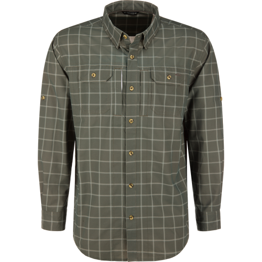Lifestyle Wingshooter Hunter Creek Shirt in dusty olive plaid, featuring long sleeves, button-down front, two chest pockets, button-tab sleeves, and moisture-wicking fabric.