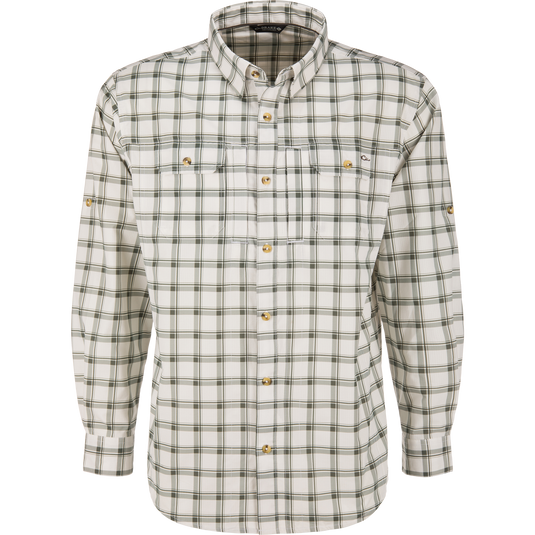 Lifestyle Wingshooter Hunter Creek Shirt in a moisture-wicking, long-sleeve, dusty olive and white plaid pattern, featuring two chest pockets and sleeve tabs for versatile UPF sun protection.