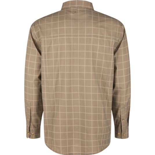 Back view of a tan, moisture-wicking long-sleeved button-up Wingshooter Hunter Creek Shirt featuring a white grid pattern.