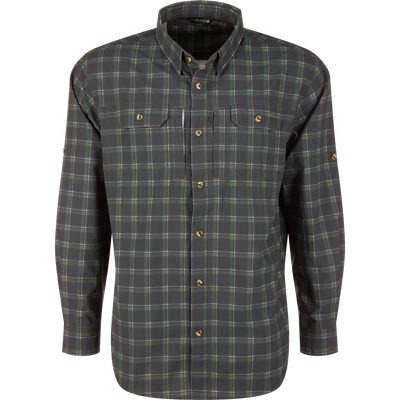 Long-sleeved Lifestyle Wingshooter Hunter Creek shirt in a Wetlands Green Slate Plaid pattern with two chest pockets and moisture-wicking fabric.
