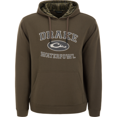 Three End Classic Hoodie featuring DRAKE WATERFOWL and duck-head logo, with kangaroo pocket, camo-lined hood, and adjustable drawstring for flexible, comfortable fit.