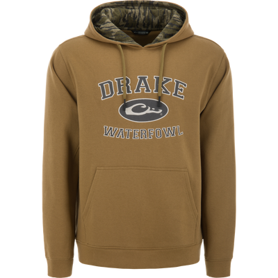 Brown Three End Classic Hoodie with DRAKE WATERFOWL logo, featuring a camo-lined hood, kangaroo pocket, and adjustable drawstring, ideal for versatile outdoor wear.