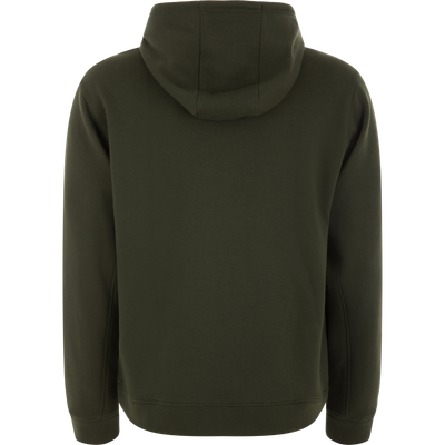 Back view of the Three End Classic Hoodie, showcasing its lined hood, shoulders, and hem. Features durable fabric and a convenient kangaroo pocket for versatile, everyday wear.