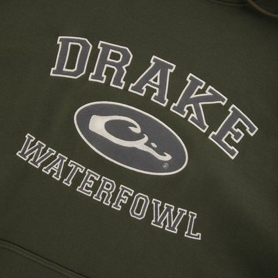 Olive-green Three End Classic Hoodie with DRAKE and duck-wing logo embroidery, featuring a kangaroo pocket, lined hood, and adjustable drawstring for comfort.