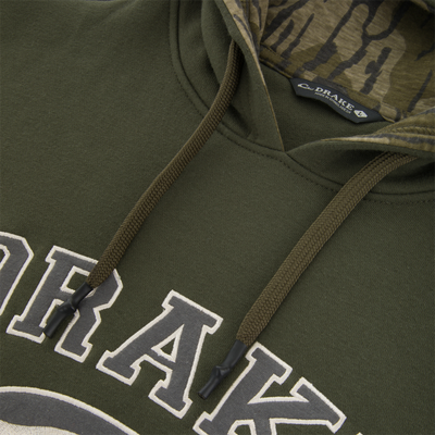 Three End Classic Hoodie with braided drawcords, camo-print hood lining, partial REAM… text, and Drake – Made in Bangladesh label, highlighting its flexible, durable design.