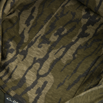 Close-up of Three End Classic Hoodie showcasing its olive-green camo knit fabric, highlighting the durable, stretchy material ideal for versatile hunting or casual wear.