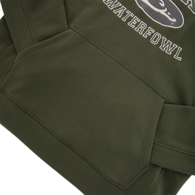 Three End Classic Hoodie featuring a kangaroo pocket and partial STATEFOWL graphic, designed for comfort and flexibility with a lined hood and adjustable drawstring.
