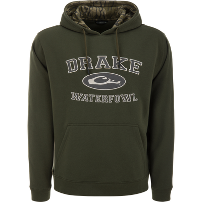 Three End Classic Hoodie on mannequin featuring DRAKE WATERFOWL print, camo-lined hood, kangaroo pocket, and drawcords, showcasing flexibility and durability for outdoor activities.