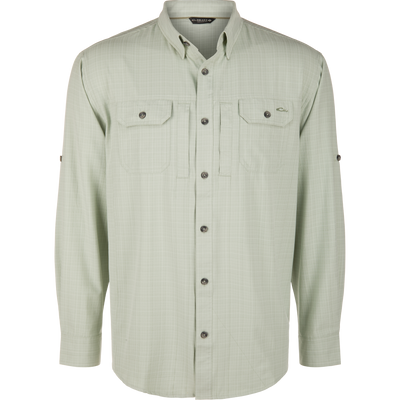 Wingshooter Cross Hatch Shirt, men’s long-sleeve with point collar, button-flap chest pockets, roll-up sleeve tabs, and dark buttons; designed for comfort and performance.