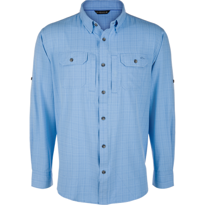 Wingshooter Cross Hatch Shirt on mannequin: light-blue, long-sleeve, button-down with check pattern, flap chest pockets, contrast buttons, designed for comfort and performance.