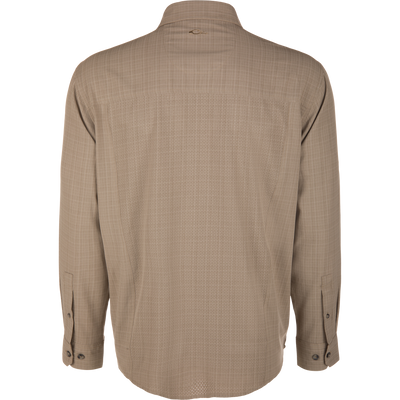 Wingshooter Cross Hatch Shirt, light tan, shown on a mannequin, features vented back, buttoned cuffs, standard collar, designed for breathability and performance.