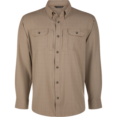 Wingshooter Cross Hatch Shirt: Tan micro-check long-sleeve with dual chest pockets, hidden button-down collar, and vented back, designed for comfort and performance in warm conditions.