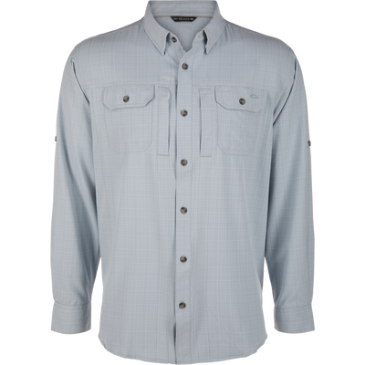 Wingshooter Cross Hatch Shirt on mannequin, featuring light-blue, long-sleeve design with button-up front, point collar, dual flap chest pockets, and micro-check texture for performance and comfort.