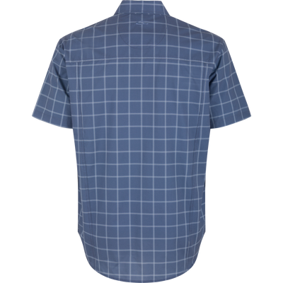 Back view of a blue, moisture-wicking Wingshooter Hunter Creek Short Sleeve Shirt featuring a white grid pattern.