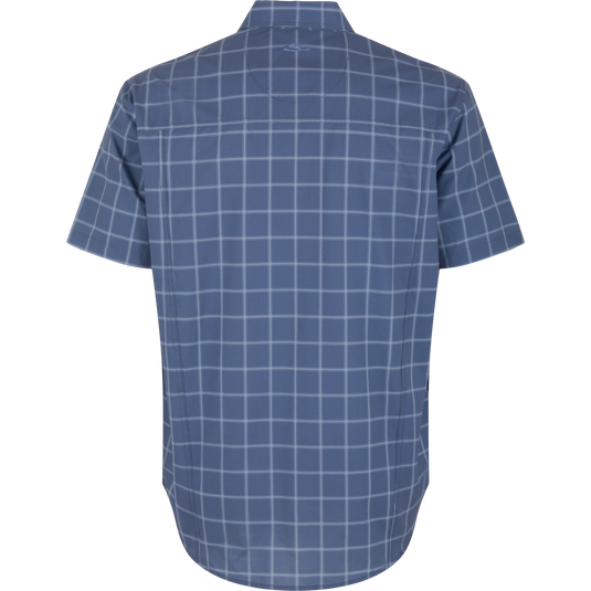 Back view of a blue, moisture-wicking Wingshooter Hunter Creek Short Sleeve Shirt featuring a white grid pattern.