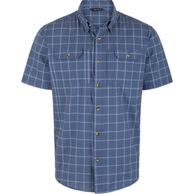 Lifestyle Wingshooter Hunter Creek Short Sleeve Shirt in Blue Bird Plaid, a moisture-wicking button-up with a white plaid pattern, two chest pockets, and UPF 30 sun protection.