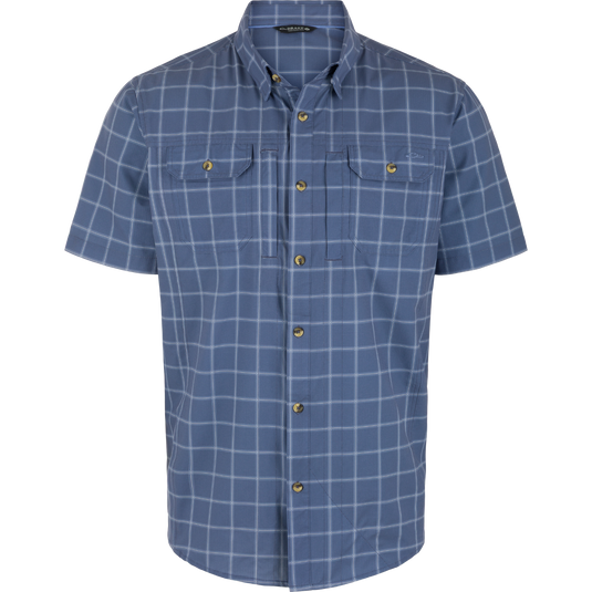 Lifestyle Wingshooter Hunter Creek Short Sleeve Shirt in Blue Bird Plaid, a moisture-wicking button-up with a white plaid pattern, two chest pockets, and UPF 30 sun protection.