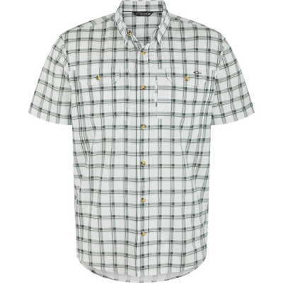 Lifestyle Wingshooter Hunter Creek Short Sleeve Shirt in a dusty white and olive plaid pattern, featuring a button-down collar and two chest pockets.