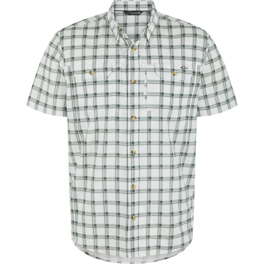 Lifestyle Wingshooter Hunter Creek Short Sleeve Shirt in a dusty white and olive plaid pattern, featuring a button-down collar and two chest pockets.