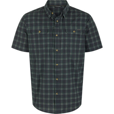 Lifestyle Wingshooter Hunter Creek Short Sleeve Shirt in a moisture-wicking, dark green and slate plaid pattern with two chest pockets and UPF 30 sun protection.