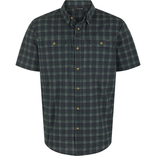 Lifestyle Wingshooter Hunter Creek Short Sleeve Shirt in a moisture-wicking, dark green and slate plaid pattern with two chest pockets and UPF 30 sun protection.