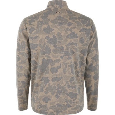 Back view of a breathable tan and grey camo print Tri-Blend Over Under Quarter Zip designed for lightweight comfort.