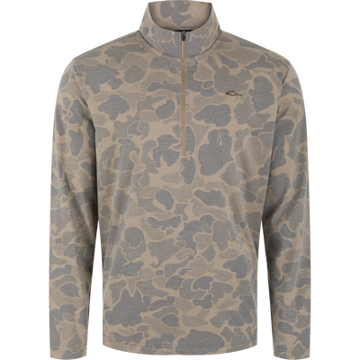 Lifestyle Tri-Blend Over Under Quarter Zip in Old School Sport, a tan and grey camouflage lightweight pullover with a high neck and zipper closure.